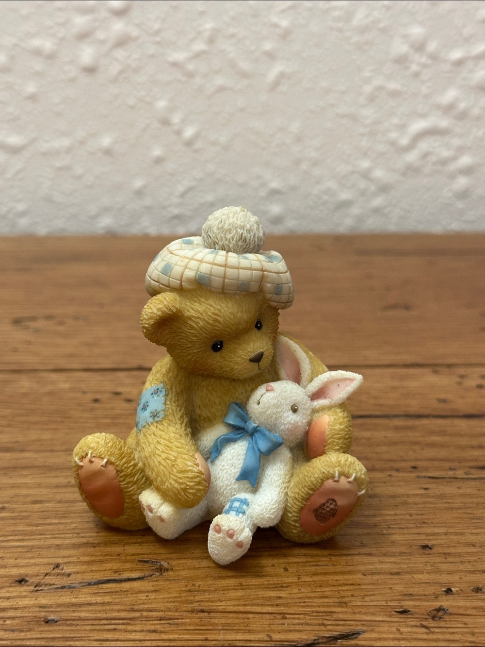 Cherished Teddies Yellow Bear Figurine with Blue-Accented Hat and White Bunny